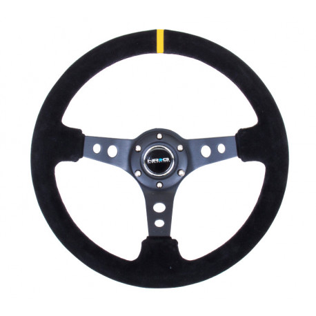 Volani 3-kraki volanski obroč NRG, 350mm, semiš, luknjani kraki, 75mm zamik, črna/rumena | race-shop.si