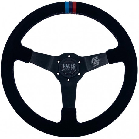 Promocije 3-kraki volanski obroč RACES MOTORSPORT, 350mm, semiš, 65mm zamik, črna/modra | race-shop.si