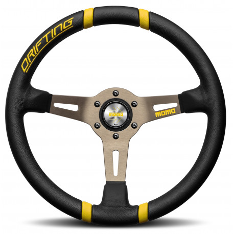 Outlet 3-kraki volanski obroč MOMO DRIFTING, 350mm, usnje, 90mm zamik, črna/siva/rumena NEPOPOLNI | race-shop.si