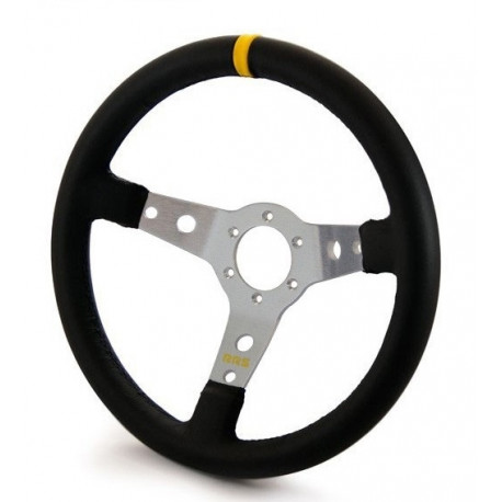Volani 3-kraki volanski obroč RRS SIMILI, 350mm, umetno usnje, 65mm zamik, črna/srebrna/rumena | race-shop.si