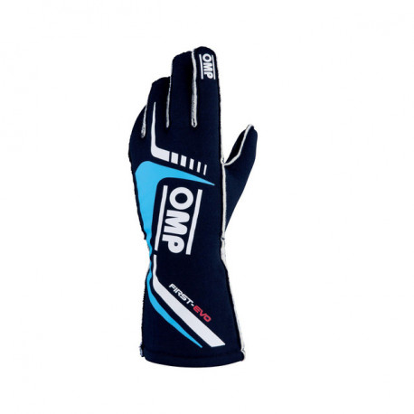 Rokavice Race gloves OMP First EVO with FIA homologation (external stitching) blue / cyan / white | race-shop.si
