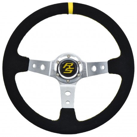 Volani 3-kraki volanski obroč RACES Corsa, 350mm, semiš, 90mm zamik, črna/srebrna/rumena | race-shop.si