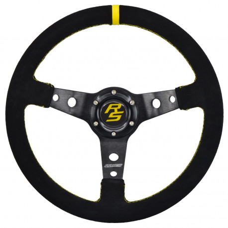 Volani 3-kraki volanski obroč RACES Corsa Evo, 350mm, semiš, 65mm zamik, črna/rumena | race-shop.si