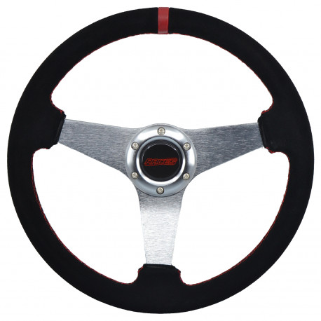 Volani 3-kraki volanski obroč RACES Gara, 350mm, semiš, brez zamika, črna/srebrna/rdeča | race-shop.si