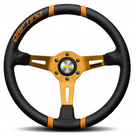 Volani 3-kraki volanski obroč MOMO DRIFTING, 350mm, usnje, 90mm zamik, črna/oranžna | race-shop.si