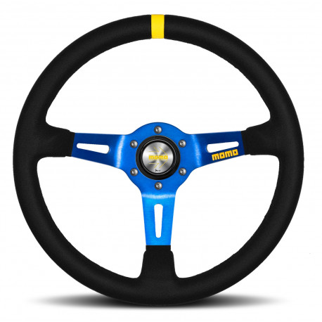 Volani 3-kraki volanski obroč MOMO MOD.08, 350mm, semiš, 88mm zamik, črna/modra/rumena | race-shop.si