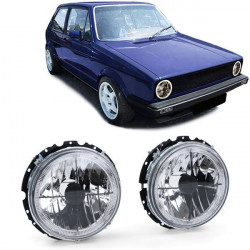 Prozorna sprednja žarometa Angel Eyes s križcem Črna za VW Golf 1 + Cabrio
